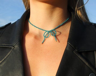 Beaded Bow Necklace | Teal Bow Necklace | Coquette Jewelry | Mothers Day | Trendy Necklace | Gold Jewelry Necklace | Gift for Her