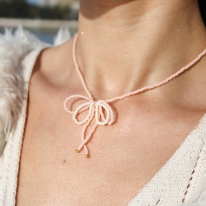Beaded Bow Necklace | Pink Bow Necklace | Coquette Jewelry | Mothers Day | Trendy Necklace | Gold Jewelry Necklace | Gift for Her