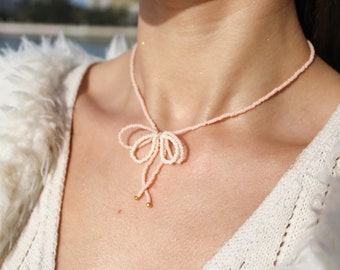 Beaded Bow Necklace | Pink Bow Necklace | Coquette Jewelry | Mothers Day | Trendy Necklace | Gold Jewelry Necklace | Gift for Her
