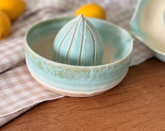 Handmade Ceramic Citrus Juicer, Aqua Glazed Lemon Reamer Bowl, Kitchen Decor
