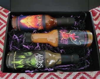 Gift Box Set of 3 Haunt sauce Signature hot Sauces - Nilbog Blood, Dragonheart and Columbian Neck Thai