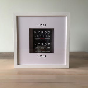 May include: A white framed print featuring the text "HYROX LONDON" and "HYROX BIRMINGHAM" in black. The print also displays the times 1:15:26 and 1:23:19. The frame is square and sits on a light brown surface.