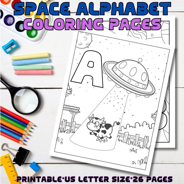 Space ABC Coloring Sheets - Fun UFO, Rocket and Astronaut Designs - Printable Educational Coloring Book for Kids & Toddlers