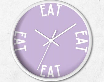 Pastel Purple Kitchen Clock — “EAT” Customizable Wooden Wall Clock
