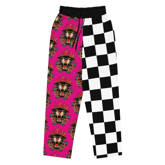 Hot Pink Checkerboard Tattoo Wide-Leg Joggers | High Waisted l Alt Fashion | Dopamine Dressing | Punk Pants | Y2K Grunge Clothing