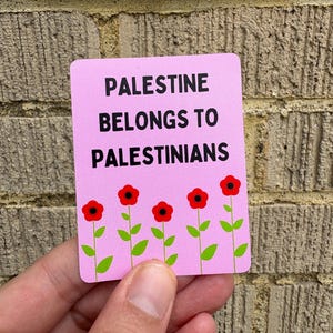 Może przedstawiać: R&oacute;żowy naklejka z tekstem "Palestine belongs to Palestinians" czarnym drukiem. Pięć czerwonych kwiat&oacute;w z zielonymi łodygami znajduje się na dole naklejki.