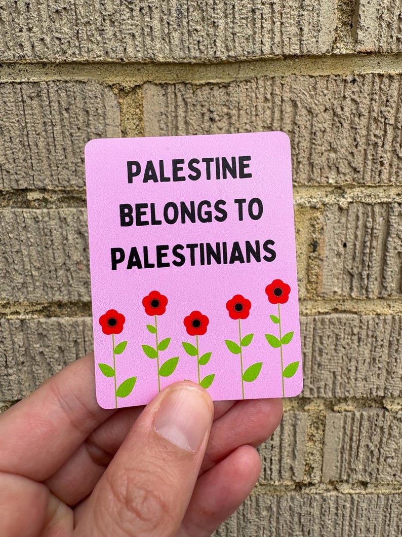 Może przedstawiać: R&oacute;żowy naklejka z tekstem "Palestine belongs to Palestinians" czarnym drukiem. Pięć czerwonych kwiat&oacute;w z zielonymi łodygami znajduje się na dole naklejki.