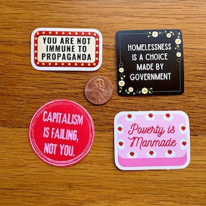 Anticapitalism Vinyl Stickers Set of 4, Leftist Mini Waterproof Activist Decals, Radical Gift for Protesters & Social Justice Advocates