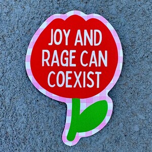 Peut inclure: Un autocollant rouge en forme de fleur avec le texte "JOY AND RAGE CAN COEXIST" en blanc. La fleur a une bordure rose et blanche &agrave; carreaux et une tige et une feuille vertes.