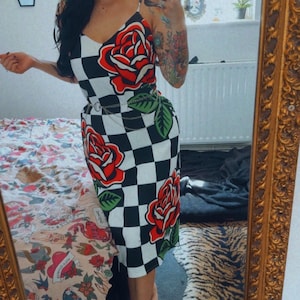 Alt Fashion Slip Dress with Traditional Tattoo Roses and Checkboard Design, Dopamine Dressing, Retro Dress image 3