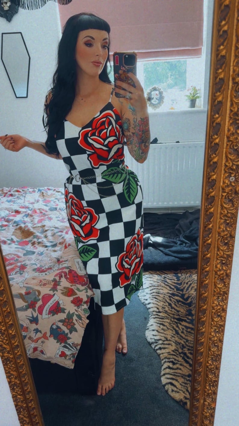 Alt Fashion Slip Dress with Traditional Tattoo Roses and Checkboard Design, Dopamine Dressing, Retro Dress image 3