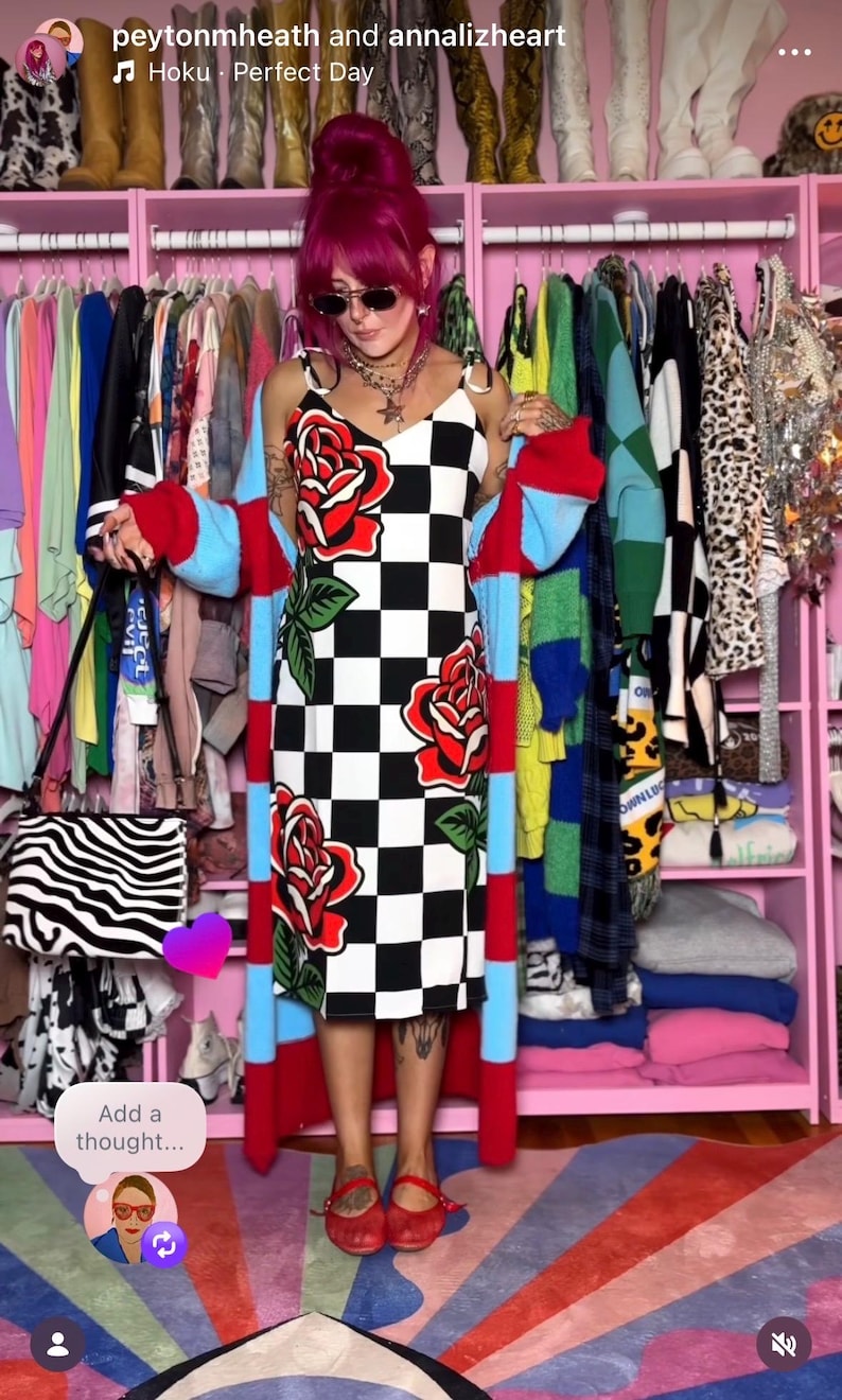 May include: A black and white checkered midi dress featuring large red rose graphics with green leaves, worn under a long, open-front cardigan with thick horizontal stripes in red and light blue. A black and white zebra-print handbag is held at the side.