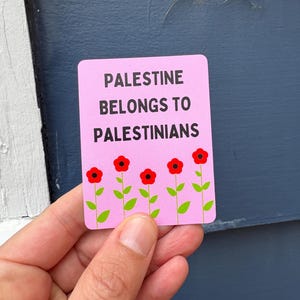Może przedstawiać: R&oacute;żowy naklejka z tekstem "Palestine belongs to Palestinians" czarnym drukiem. Pięć czerwonych kwiat&oacute;w z zielonymi łodygami jest ułożonych u dołu naklejki.