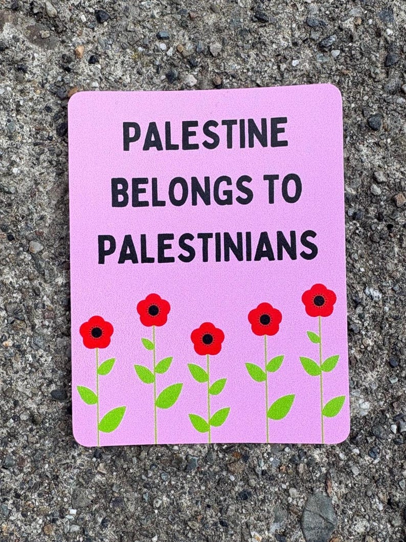 Może przedstawiać: R&oacute;żowy naklejka z tekstem "Palestine belongs to Palestinians" w czarnym kolorze. Pięć czerwonych kwiat&oacute;w z czarnymi środkami ułożonych jest w rzędzie u dołu naklejki.