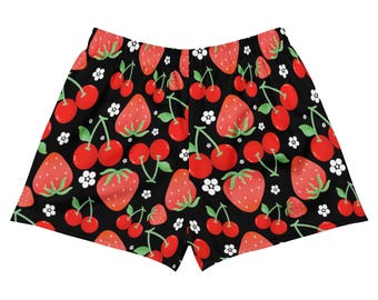Strawberry Cherry Athletic Beach Shorts– Cute Cottagecore Summer High Waisted Shorts with Pockets (Unlined)