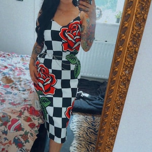 Alt Fashion Slip Dress with Traditional Tattoo Roses and Checkboard Design, Dopamine Dressing, Retro Dress image 2