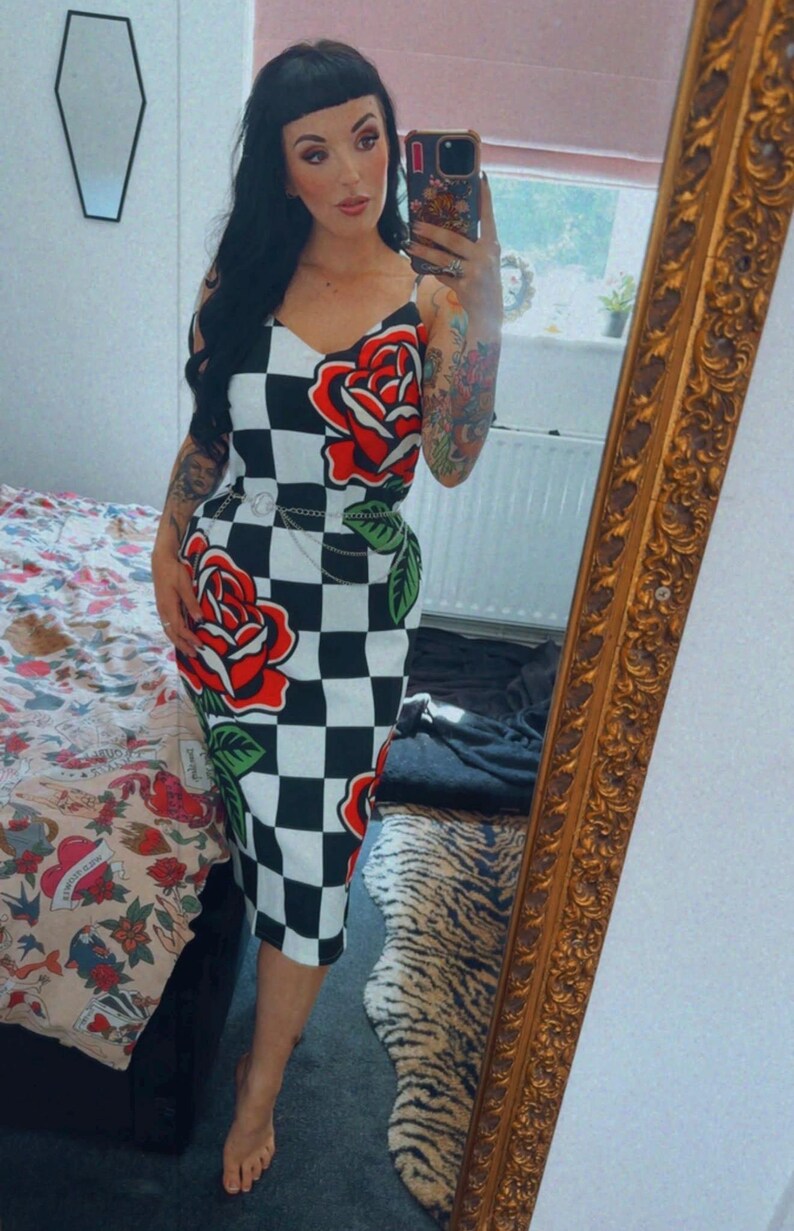 Alt Fashion Slip Dress with Traditional Tattoo Roses and Checkboard Design, Dopamine Dressing, Retro Dress image 2