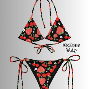 Strawberry Cherry Flower Bikini Bottoms – Recycled Fabric Swimwear, Adjustable Ties