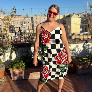 Alt Fashion Slip Dress with Traditional Tattoo Roses and Checkboard Design, Dopamine Dressing, Retro Dress image 11