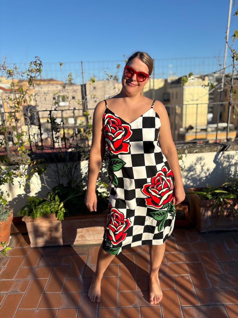 Alt Fashion Slip Dress with Traditional Tattoo Roses and Checkboard Design, Dopamine Dressing, Retro Dress image 11