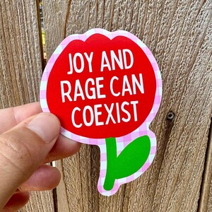 Peut inclure: Un autocollant en forme de fleur avec un centre rouge et le texte "JOY AND RAGE CAN COEXIST" en blanc. L'autocollant a une bordure vichy rose et blanche, une feuille verte, et est tenu sur un fond en bois.