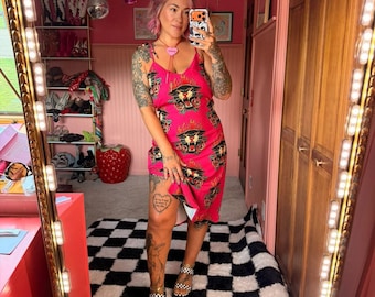 Hot Pink Panther Slip Dress, Maximalist Fashion, Old School Tattoo Art