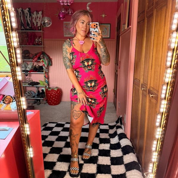 Hot Pink Panther Slip Dress, Maximalist Fashion, Old School Tattoo Art