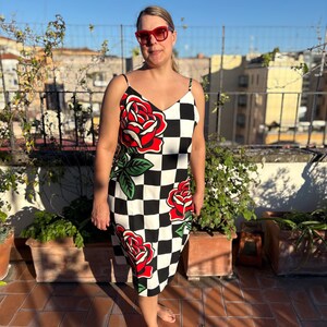 Alt Fashion Slip Dress with Traditional Tattoo Roses and Checkboard Design, Dopamine Dressing, Retro Dress image 14