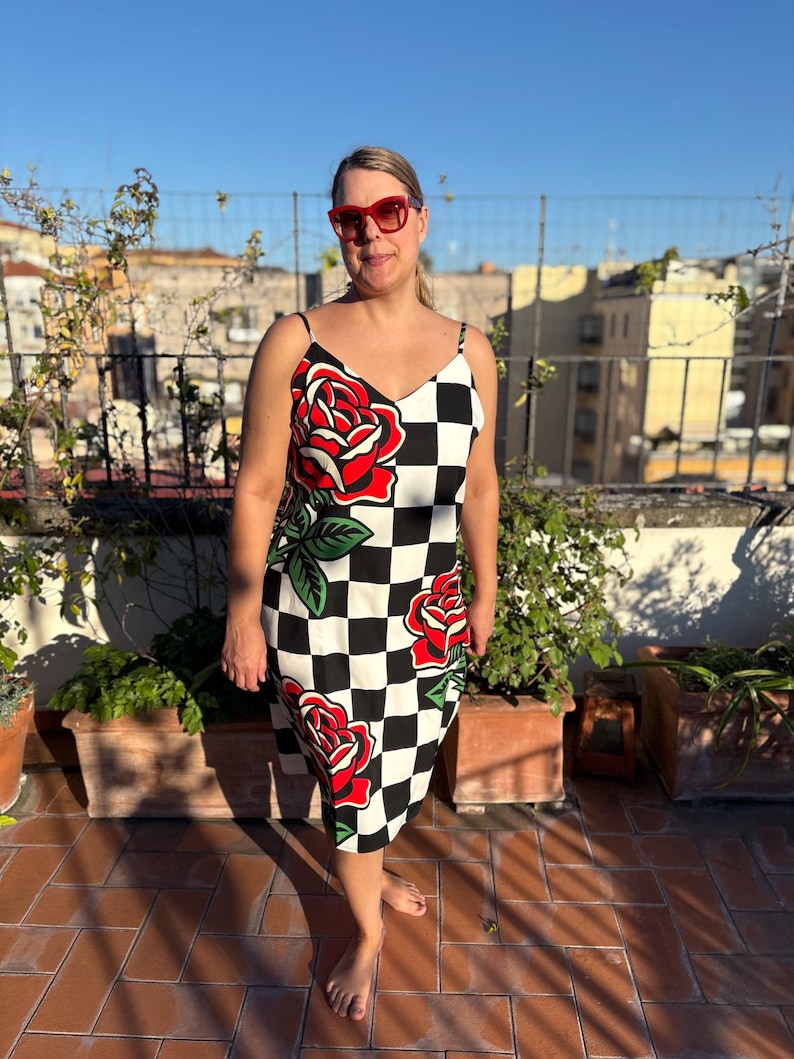 Alt Fashion Slip Dress with Traditional Tattoo Roses and Checkboard Design, Dopamine Dressing, Retro Dress image 14
