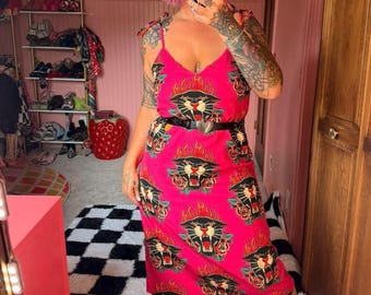 Hot Pink Panther Slip Dress, Maximalist Fashion, Old School Tattoo Art