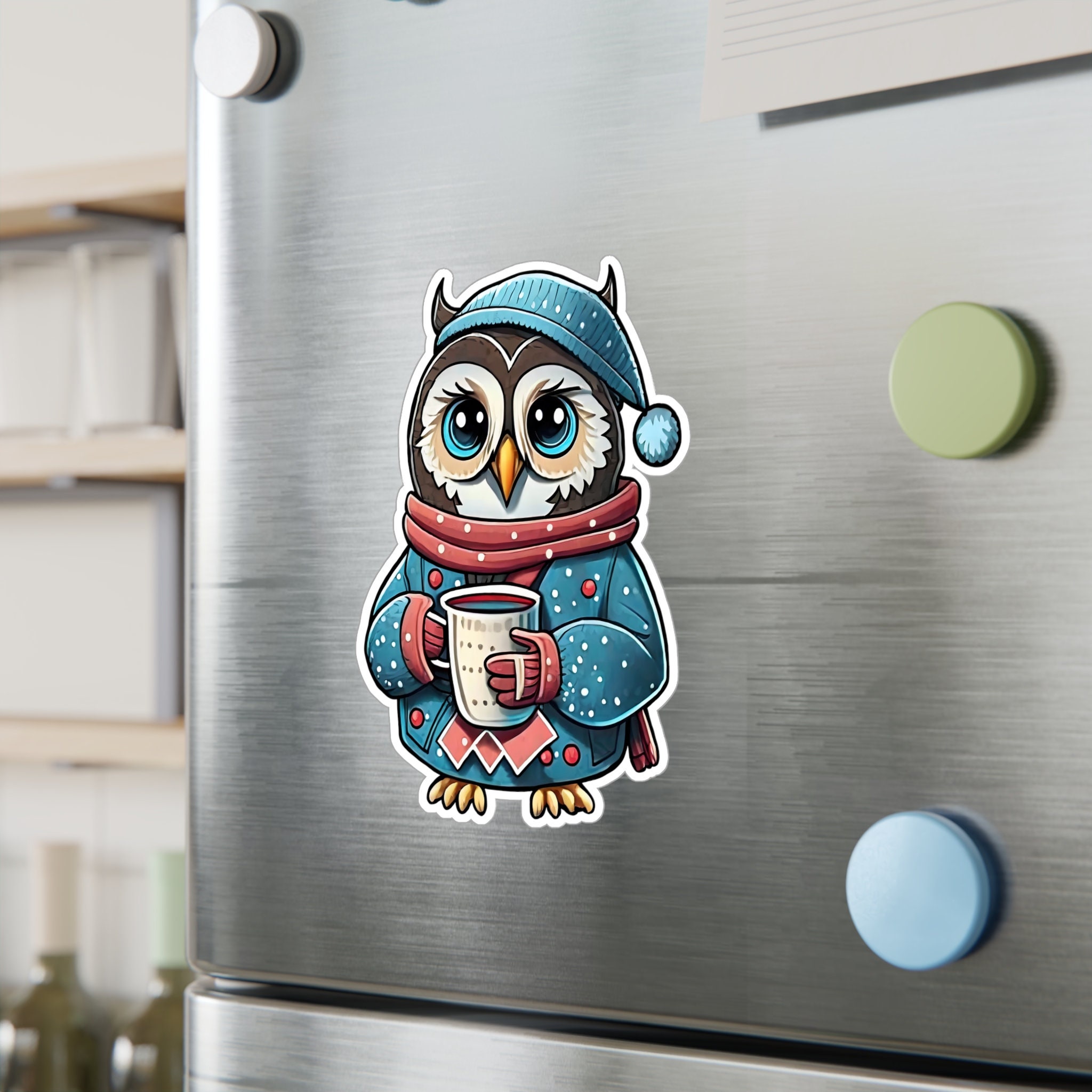 Cute owl wearing a night cap and drinking a cup of tea decal/sticker