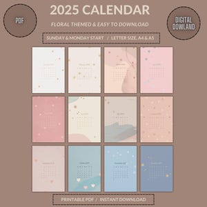 Calendar 2025/ Printable Calendar/ Monthly Calendar/ Calendar PDF/ Desk and Wall Printable Calendar in Letter Size, A4, A5, Mon & Sun Start
