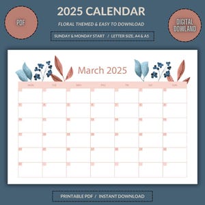 Calendar 2025/ Printable Calendar/ Monthly Calendar/ Calendar PDF/ Desk and Wall Printable Calendar in Letter Size, A4, A5, Mon & Sun Start