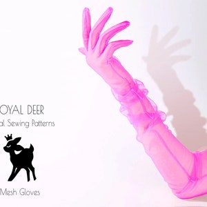 May include: A pair of bright pink mesh gloves with a ruffled cuff. The gloves are long and extend past the elbow. The gloves are made of a sheer, delicate fabric. The gloves are a sewing pattern from Royal Deer Digital Sewing Patterns. The pattern is for mesh gloves.