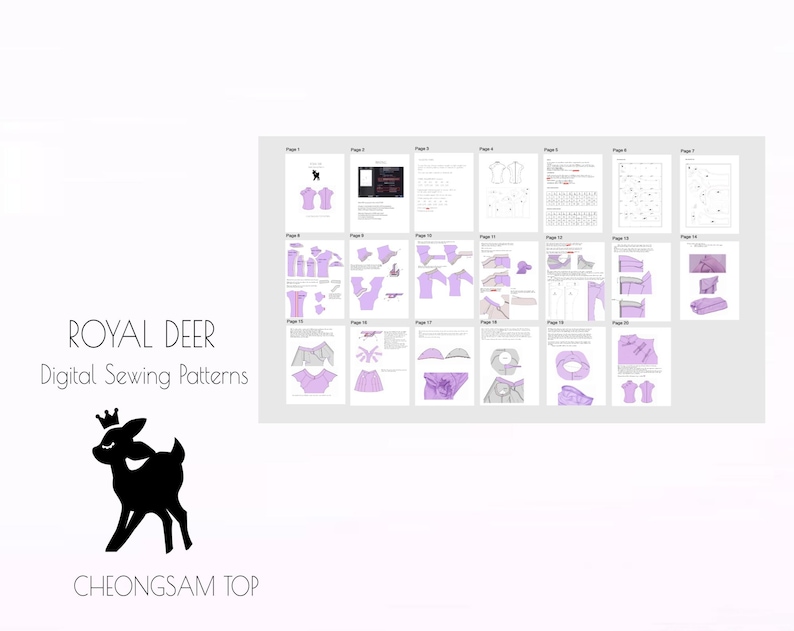 May include: Digital sewing pattern titled "Cheongsam Top" by Royal Deer. The image shows a black silhouette of a deer with a crown, and several pages of instructions with purple illustrations. The text "Royal Deer Digital Sewing Patterns" is also visible.