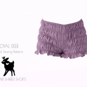 Puede incluir: Shorts de bombacho de color morado con volantes. Los shorts están hechos de una tela suave y elástica y tienen un ajuste cómodo. Los shorts son perfectos para un look casual de todos los días. ROYAL DEER Patrones de costura digitales. BLOOMER SHIRRED SHORTS