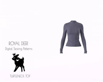 May include: A long-sleeved, gray turtleneck top. The image also features the text "ROYAL DEER Digital Sewing Patterns" and a black silhouette of a deer wearing a crown. The text "TURTLENECK TOP" is also present.