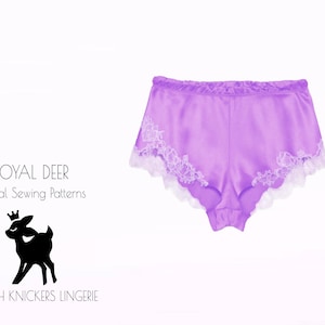 Könnte beinhalten: Lila Satin-Shorts mit weißer Spitzenborte. Das Bild zeigt auch den Text "Royal Deer Digital Sewing Patterns" und "French Knickers Lingerie".