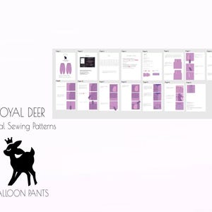 May include: Digital sewing pattern for balloon pants by Royal Deer. The image shows a layout of instructions with purple and white diagrams. The Royal Deer logo features a black deer silhouette with a crown. The text "BALLOON PANTS" is below the logo.