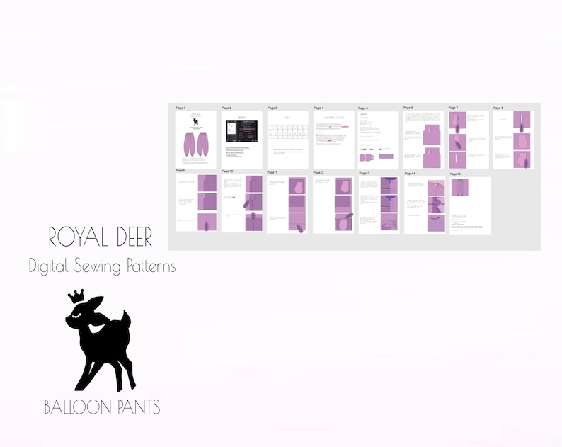 May include: Digital sewing pattern for balloon pants by Royal Deer. The image shows a layout of instructions with purple and white diagrams. The Royal Deer logo features a black deer silhouette with a crown. The text "BALLOON PANTS" is below the logo.