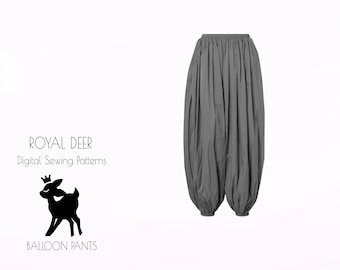 May include: Gray balloon pants with gathered waist and cuffs. The pants are made of a soft, flowing fabric. The image also includes the text "ROYAL DEER Digital Sewing Patterns" and a silhouette of a deer wearing a crown, with the words "BALLOON PANTS" below.
