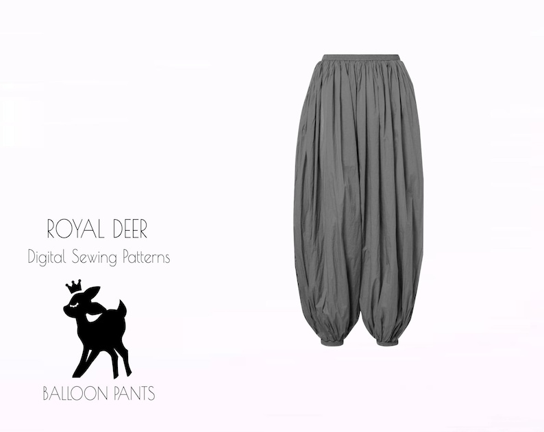 May include: Gray balloon pants with gathered waist and cuffs. The pants are made of a soft, flowing fabric. The image also includes the text "ROYAL DEER Digital Sewing Patterns" and a silhouette of a deer wearing a crown, with the words "BALLOON PANTS" below.