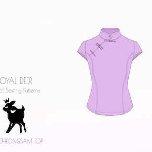 May include: A light purple Cheongsam top with short sleeves and a mandarin collar. The top features a fitted silhouette and decorative frog closures. The image includes the text "ROYAL DEER Digital Sewing Patterns" and a silhouette of a deer.