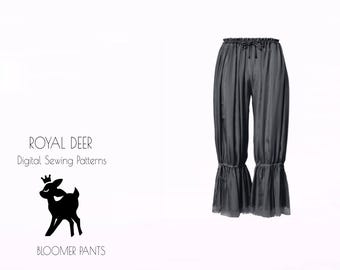 May include: Dark gray bloomer pants with a drawstring waist and ruffled hems. The image includes the text "ROYAL DEER Digital Sewing Patterns" and a silhouette of a deer wearing a crown. The pants are made of a flowing fabric.