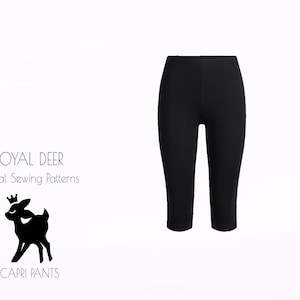 Może przedstawiać: Czarne spodnie capri. Obraz przedstawia parę czarnych spodni capri. Tekst po lewej stronie obrazu brzmi "ROYAL DEER Digital Sewing Patterns" i "CAPRI PANTS" z logo jelenia.
