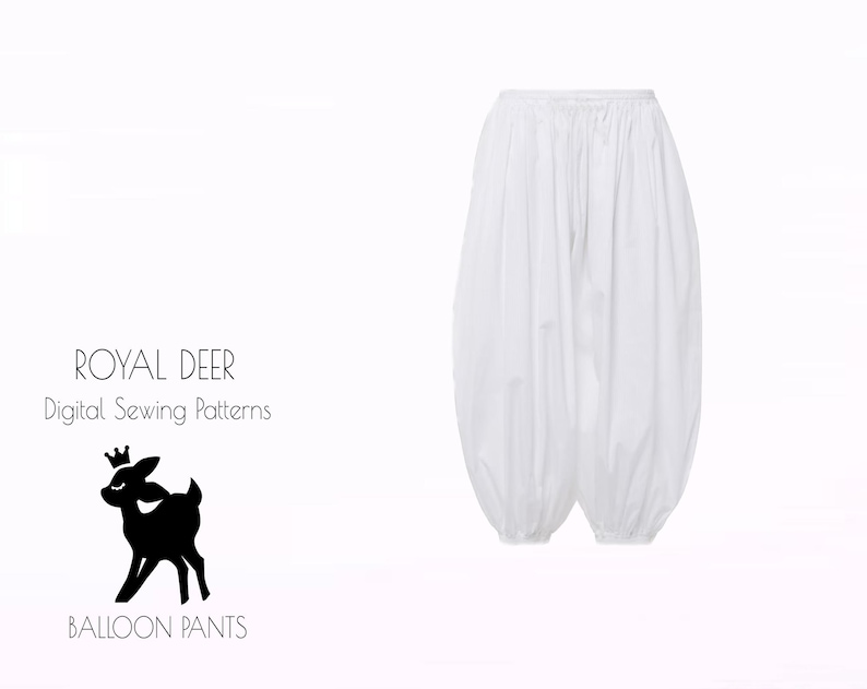 May include: White balloon pants with a gathered waist and ankle cuffs. The pants are made of a lightweight fabric. The image also includes the text "ROYAL DEER Digital Sewing Patterns" and the words "BALLOON PANTS" below a silhouette of a deer.