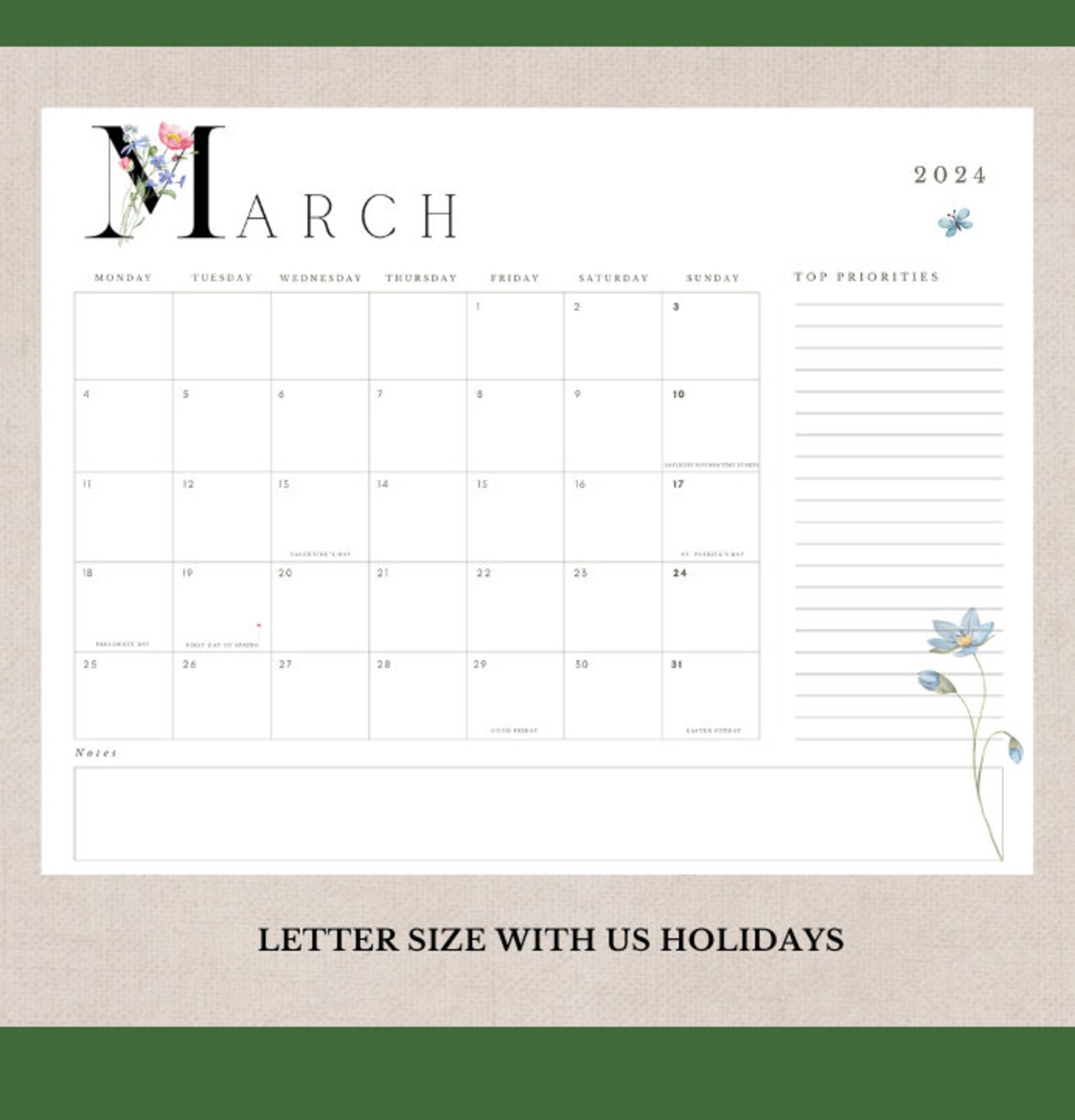Printable 2024 Calendar, To-do List Notes Section, US Holidays, Desk ...