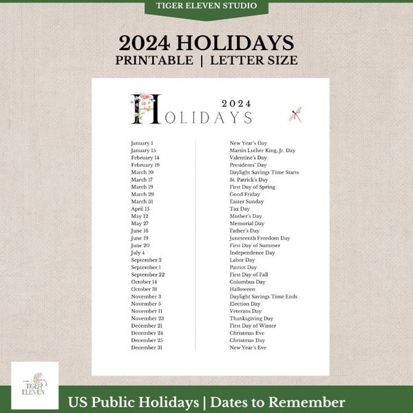 Printable 2024 Important Dates, List of Holidays, US Public Holidays, Dates to Remember, Holidays, Observances, Letter Size PDF