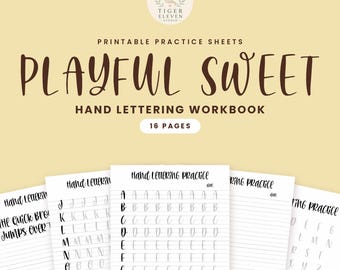 Puede incluir: Un cuaderno de ejercicios de caligrafía imprimible de 16 páginas titulado Playful Sweet de Tiger Eleven Studio. Las hojas presentan líneas de práctica con letras negras y grises, incluyendo mayúsculas y minúsculas, y la frase The Quick Brown Fox Jumps Over The Lazy Dog.