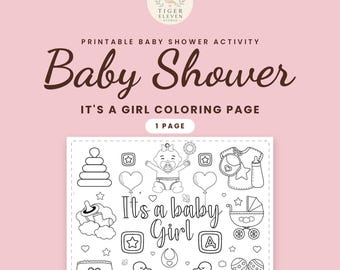 Könnte beinhalten: Eine ausdruckbare Malvorlage für eine Babyparty mit schwarzen Linienzeichnungen auf weißem Hintergrund. Das Design zeigt ein Baby, einen Kinderwagen, eine Flasche, einen Schnuller, Enten und den Text "It's a baby Girl" mit Herzen und Sternen.